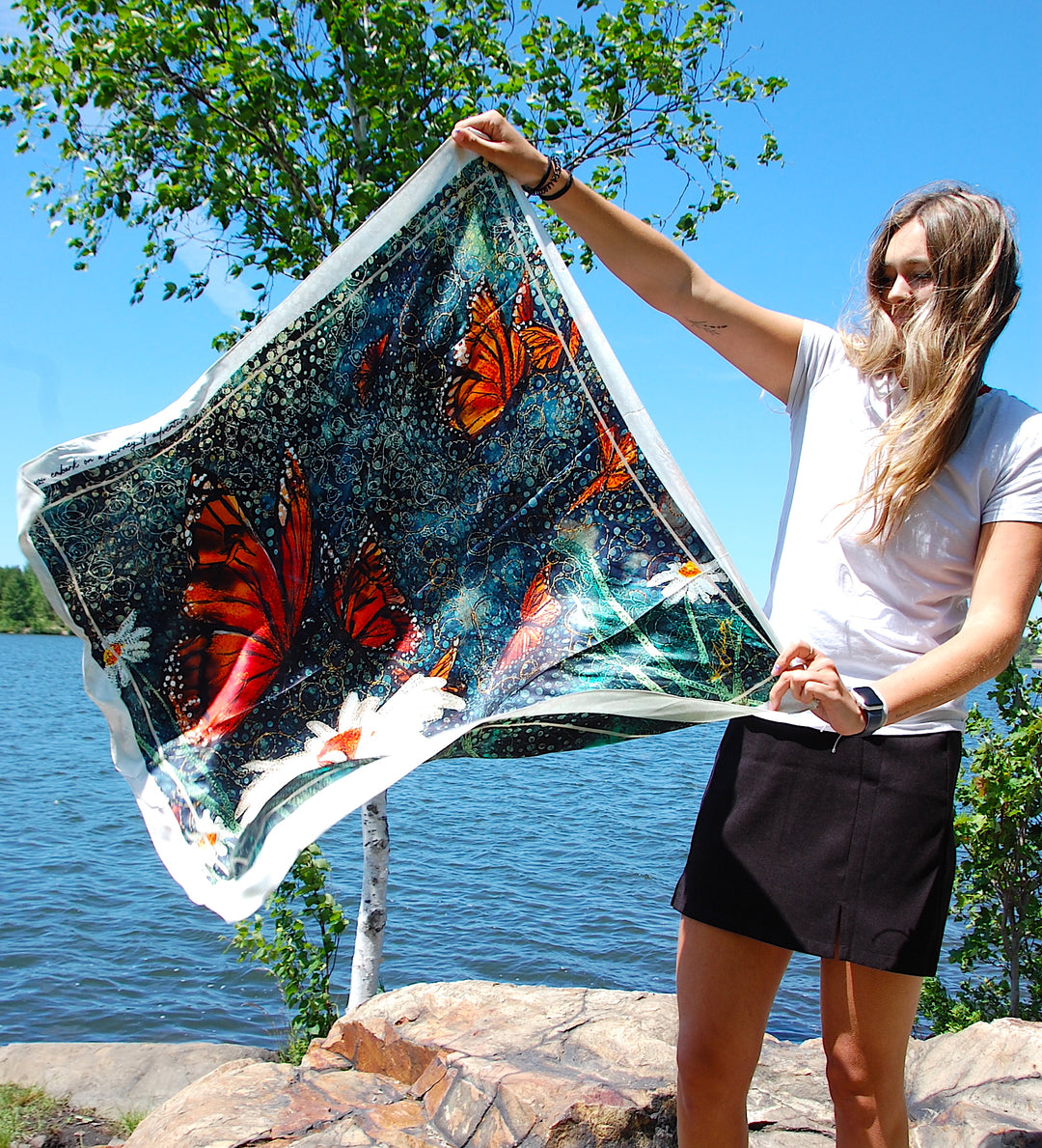 Monarchs and Daisies Silk Scarf - "May You" Collection